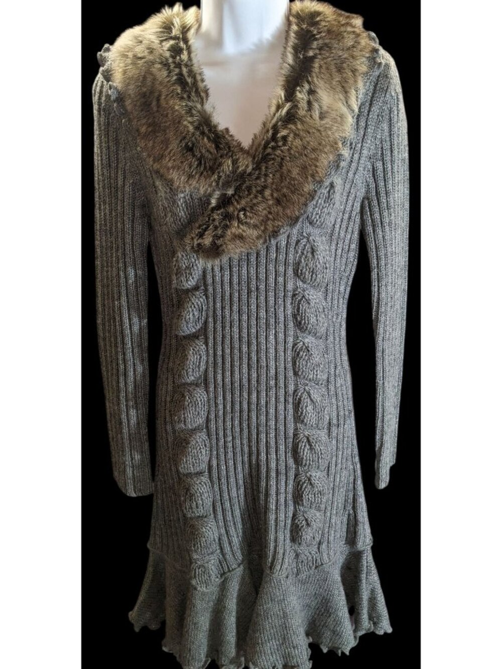 Milano Knit Sweater Dress with Fur Collar Grey & Brown Upscale Winter Style